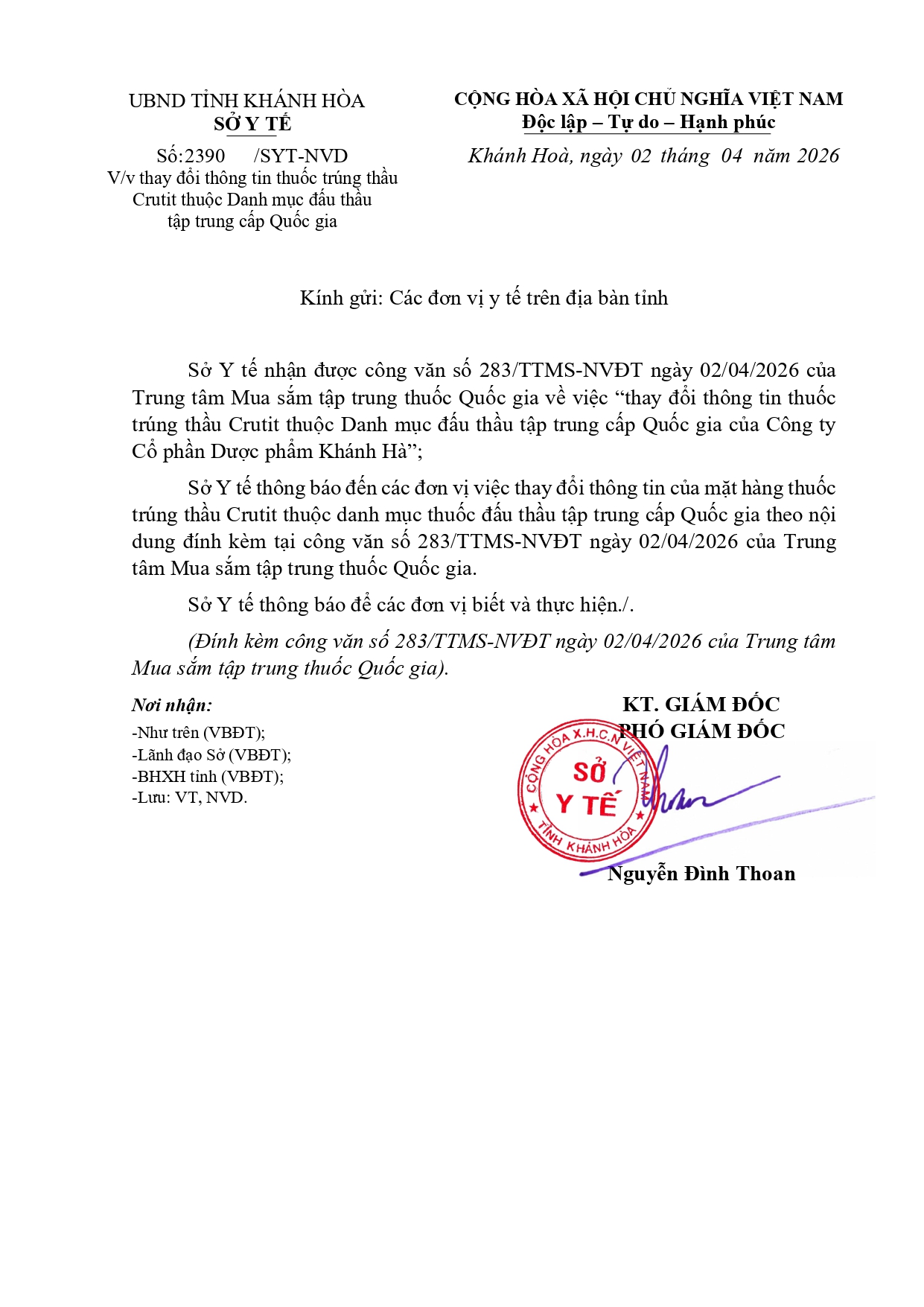 V/v thay đổi thông tin thuốc trúng thầu Crutit thuộc Danh mục đấu thầu tập trung cấp Quốc gia